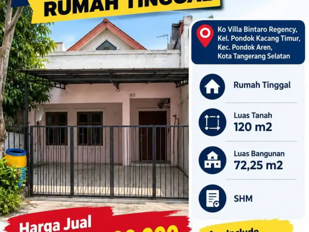 DIJUAL VIA LELANG RUMAH TINGGAL  Ko Villa Bintaro Regency, Kel. Pondok Kacang Timur, Kec. Pondok Aren, Kota Tangerang Selatan
