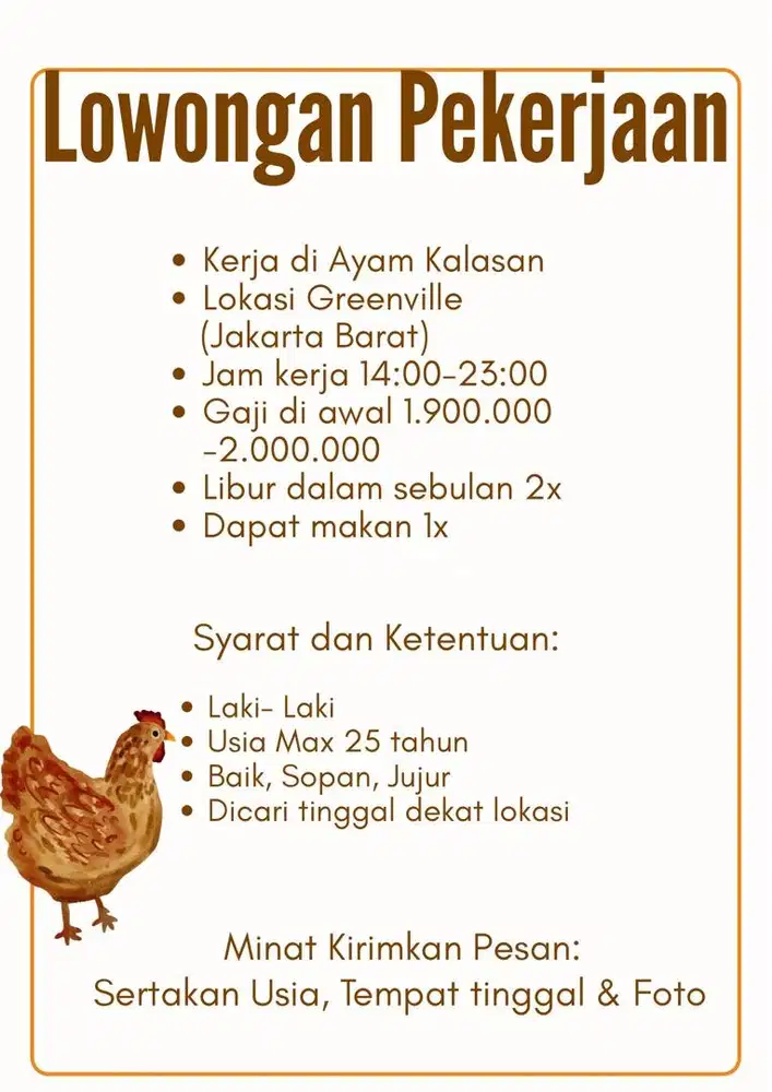Lowongan pekerjaan di resto ayam