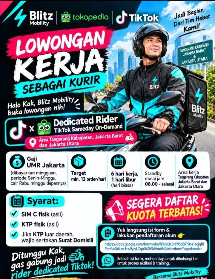 Dibutuhkan rider dedicated tiktokshop