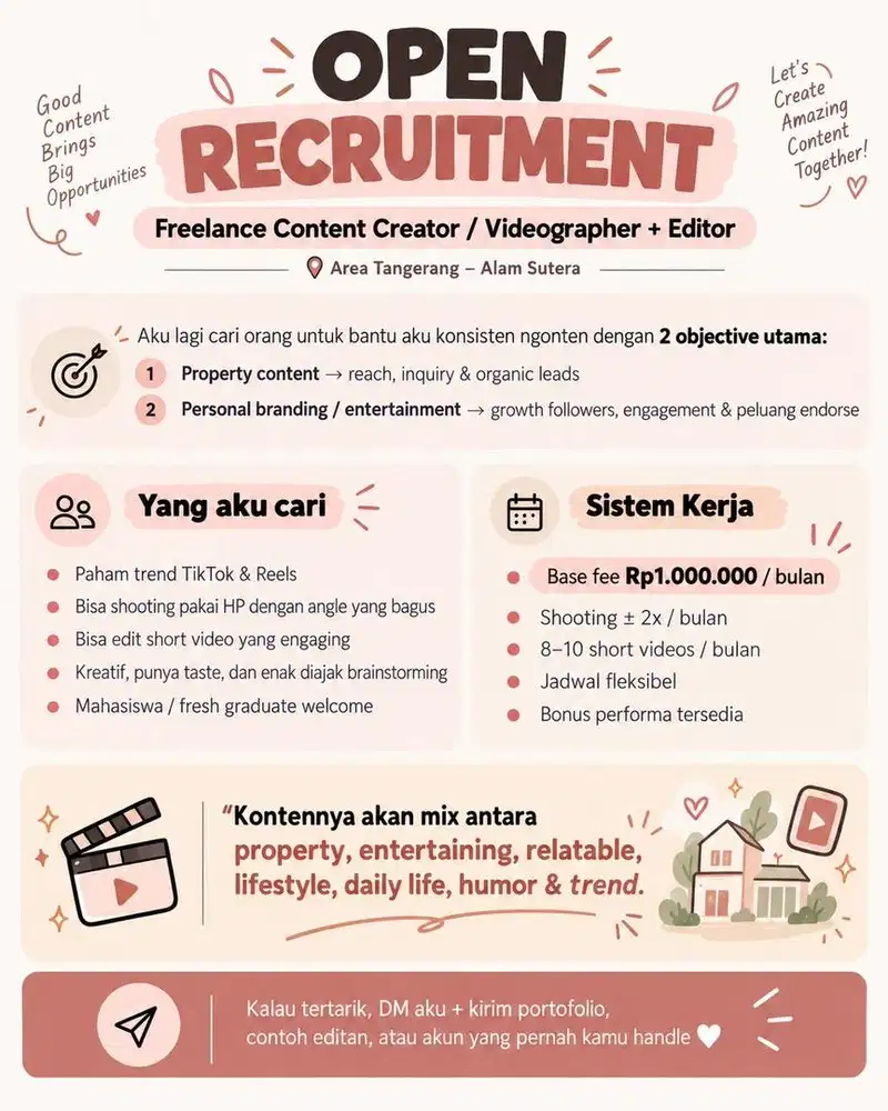 Dicari Freelance Videographer + Editor untuk TikTok & Reels