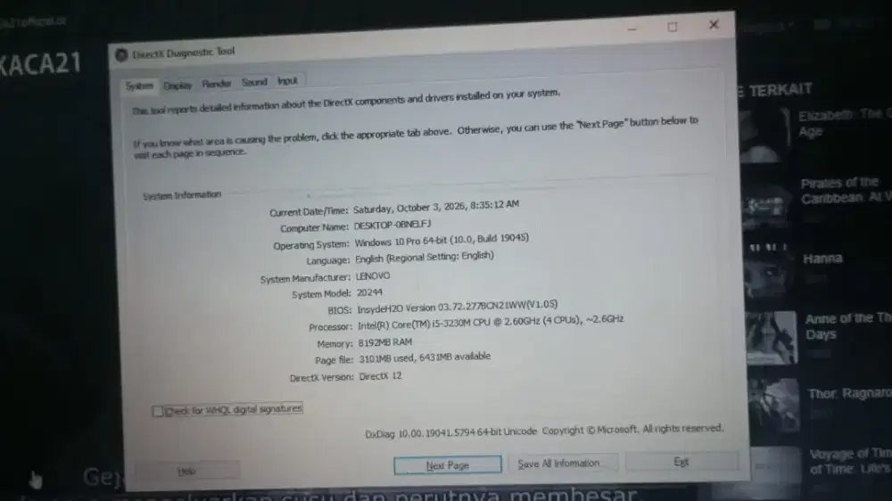 dijual Bu Lenovo core i5 3230 m RAM 8 GB Windows 10 Pro 2 juta nego