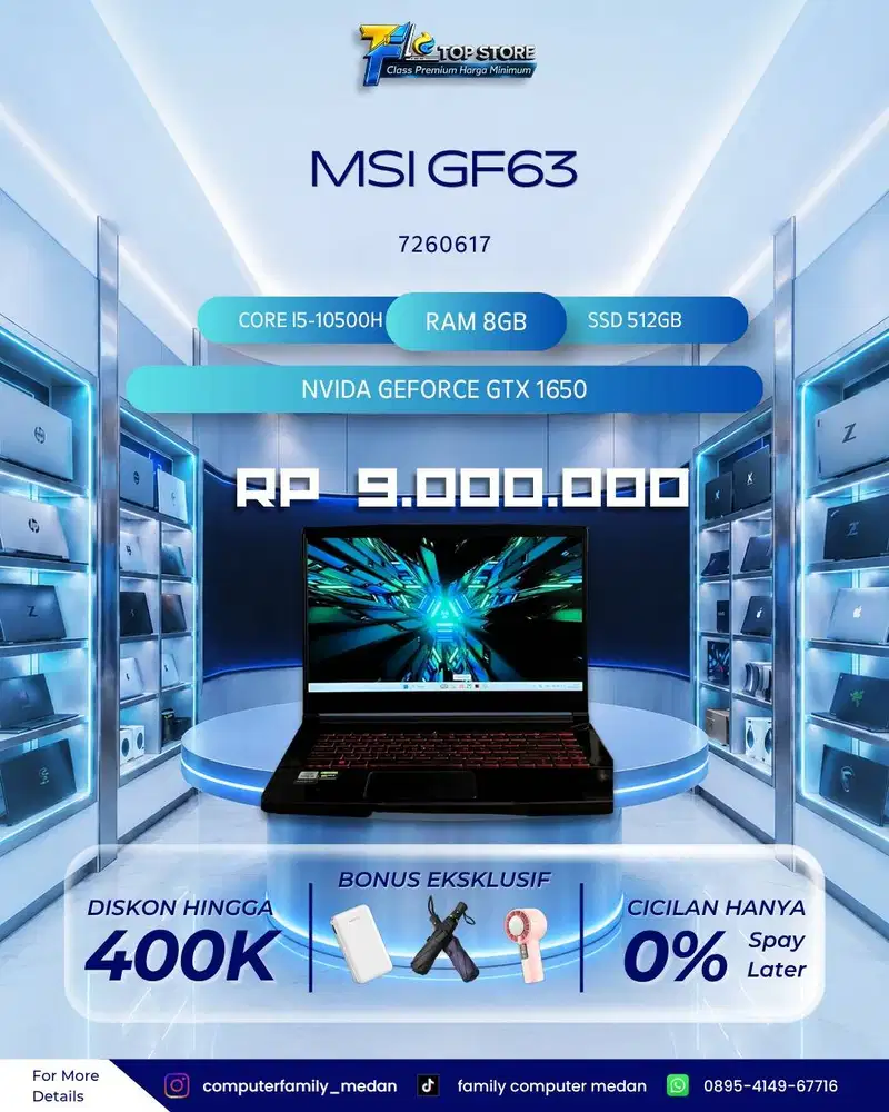 LAPTOP MSI GF63 CORE I5-10500H RAM 8GB SSD 512GB GTX 1650