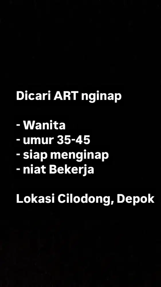 Dicari ART nginap