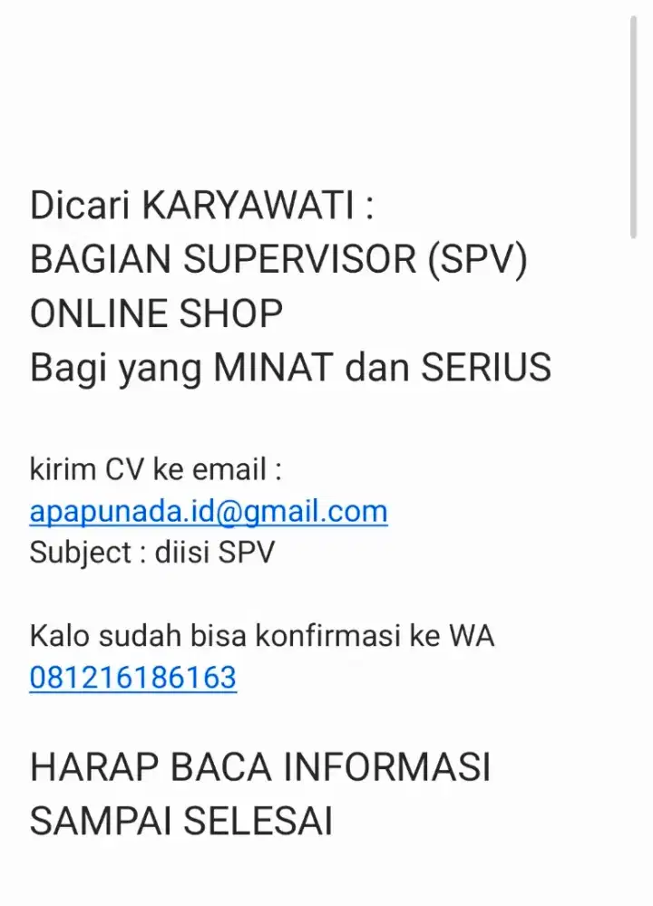 DICARI SUPERVISOR OLSHOP (WANITA)