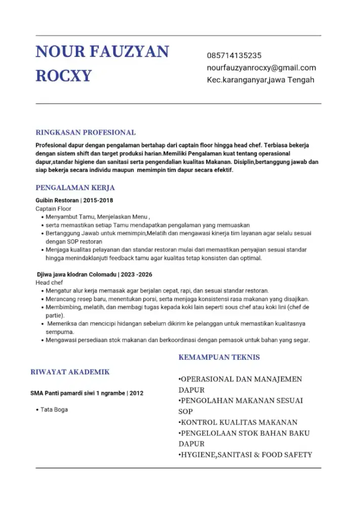 Sedang mencari pekerjaan, berpengalaman di F&b, 11tahun