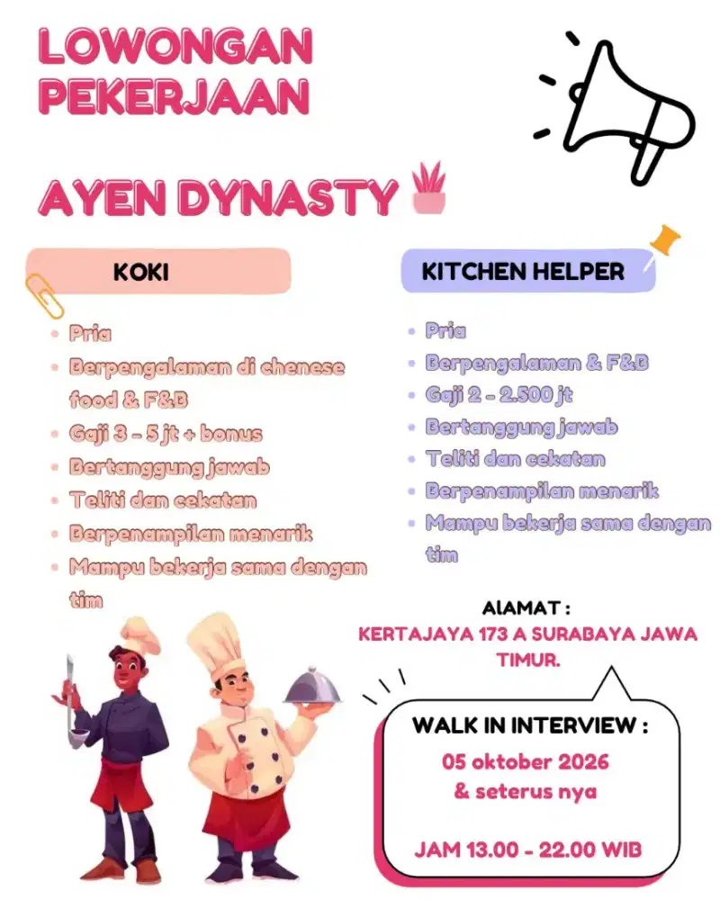 Loker koki dan kitchen helper Ayen dynasty dining