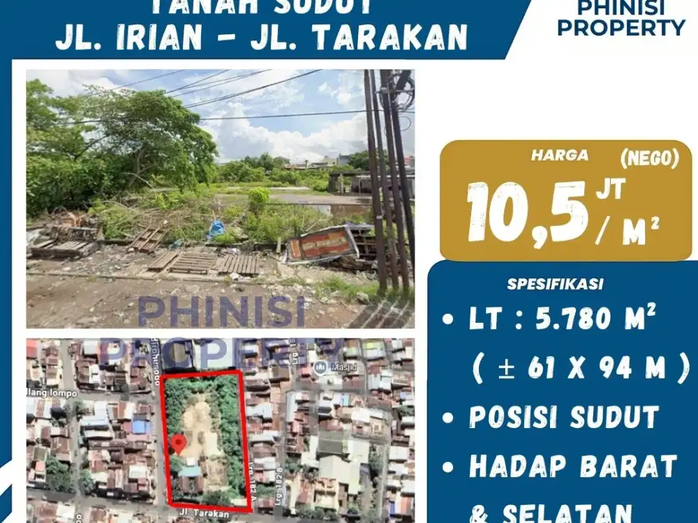 Tanah Sudut Dijual di Jl. Irian – Jl. Tarakan, Makassar