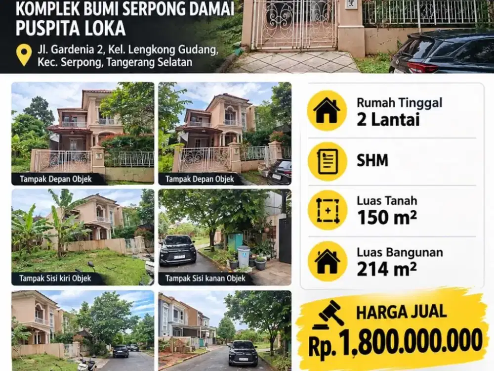 DIJUAL VIA LELANG RUMAH TINGAL KOMPLEK BUMI SERPONG DAMAI PUSPITA LOKA
