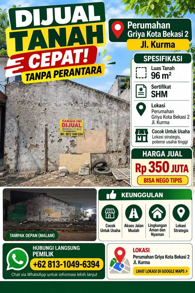 DIJUAL CEPAT! LAHAN 96 M UNTUK USAHA (TANPA PERANTARA)