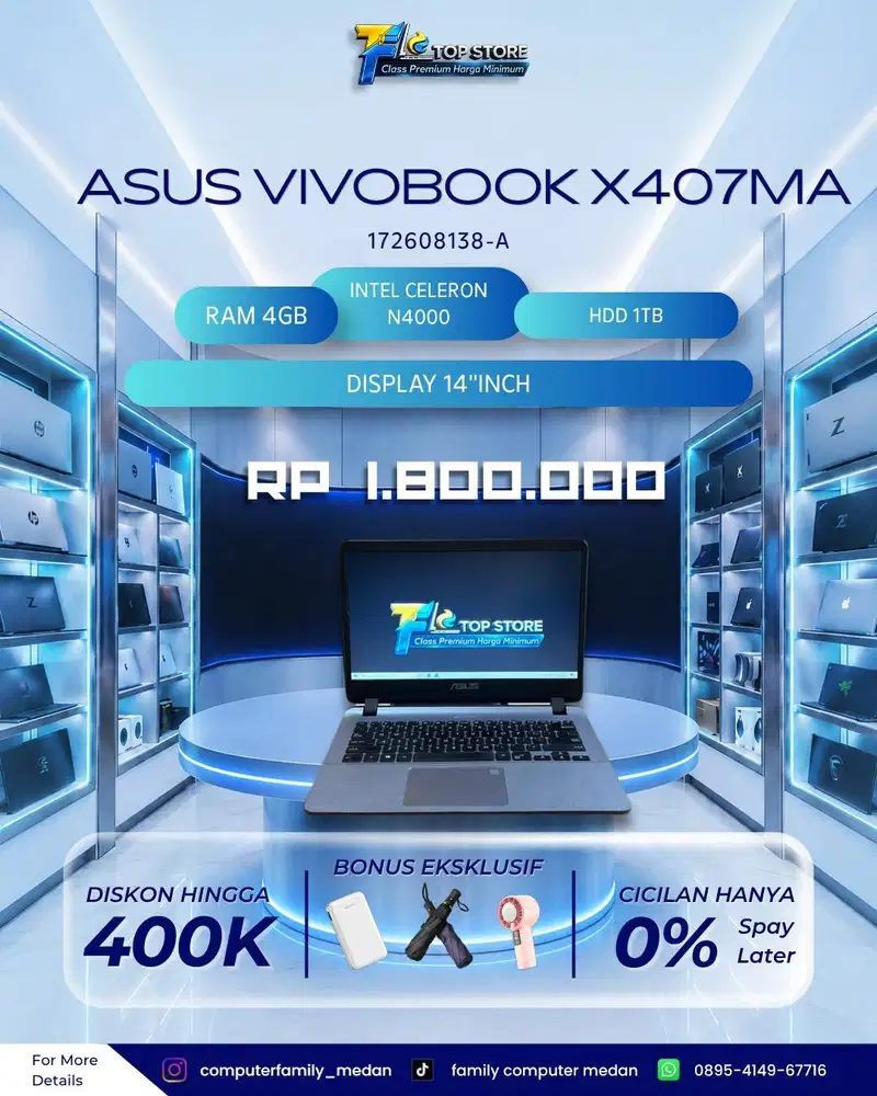 LAPTOP ASUS VIVOBOOK X407MA INTEL CLERON N4000 RAM 4GB HDD 1TB