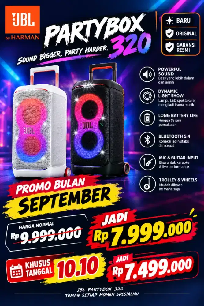 PROMO JBL ‼️ Rp.7.499.000

JBL PARTYBOX 320 ORIGINAL ,HARGA KHUSUS‼️