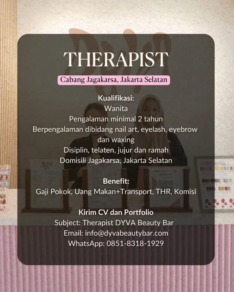DYVA Beauty Bar sedang mencari Admin, Hair Stylist dan Therapist