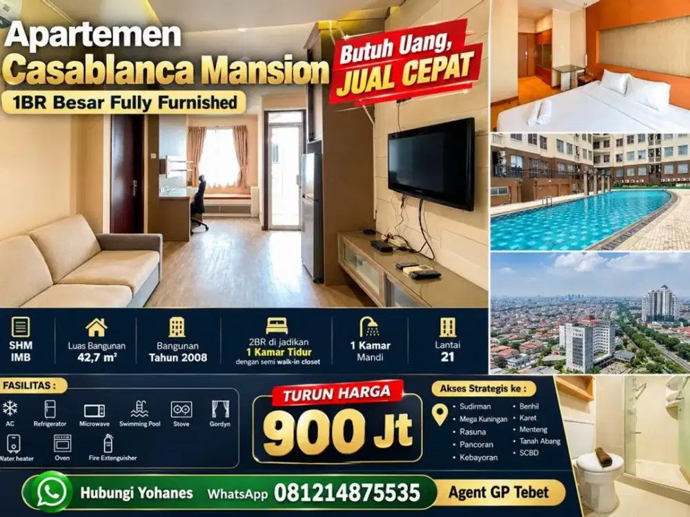 Apartement Casablanca Mansion 1BR Besar 42.7mtr lantai 21 Fully Furnished