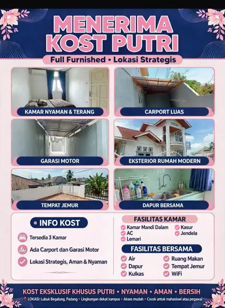 Kost Putri Full Furnished di Lubuk Begalung Padang