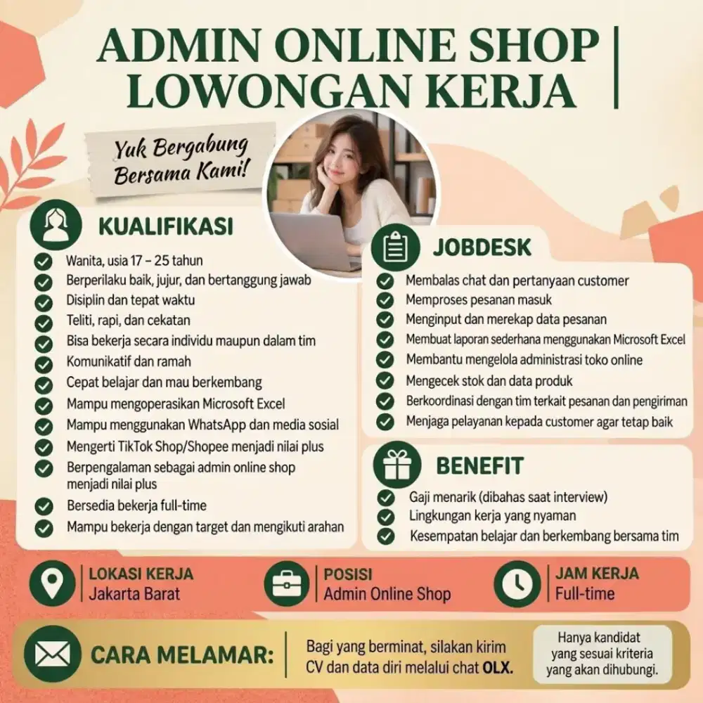 Lowongan Kerja Admin Online Shop Lokasi Jakarta Barat | Ada Mess