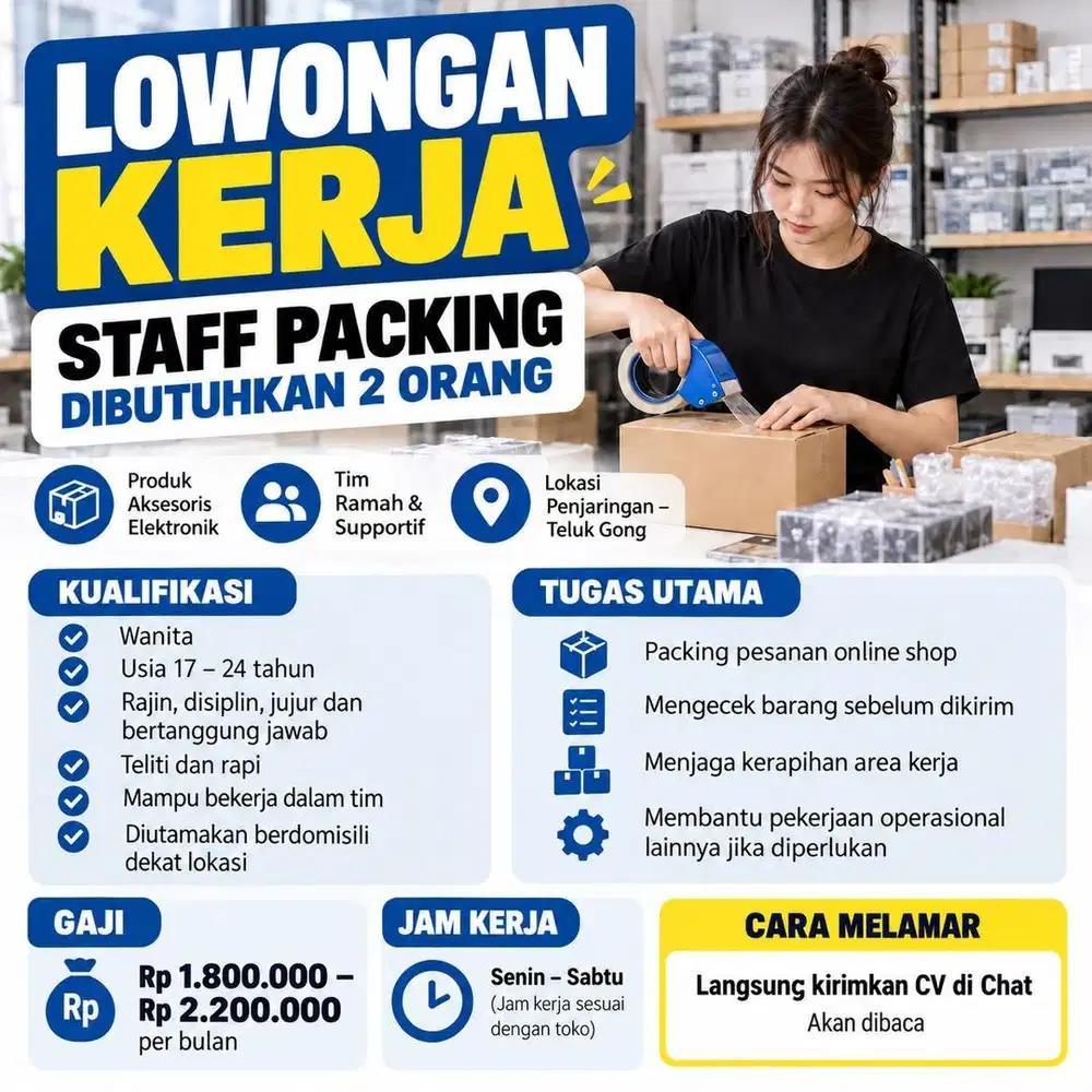 Dibutuhkan Segera Lowongan Packing Paket diutamakan Wanita