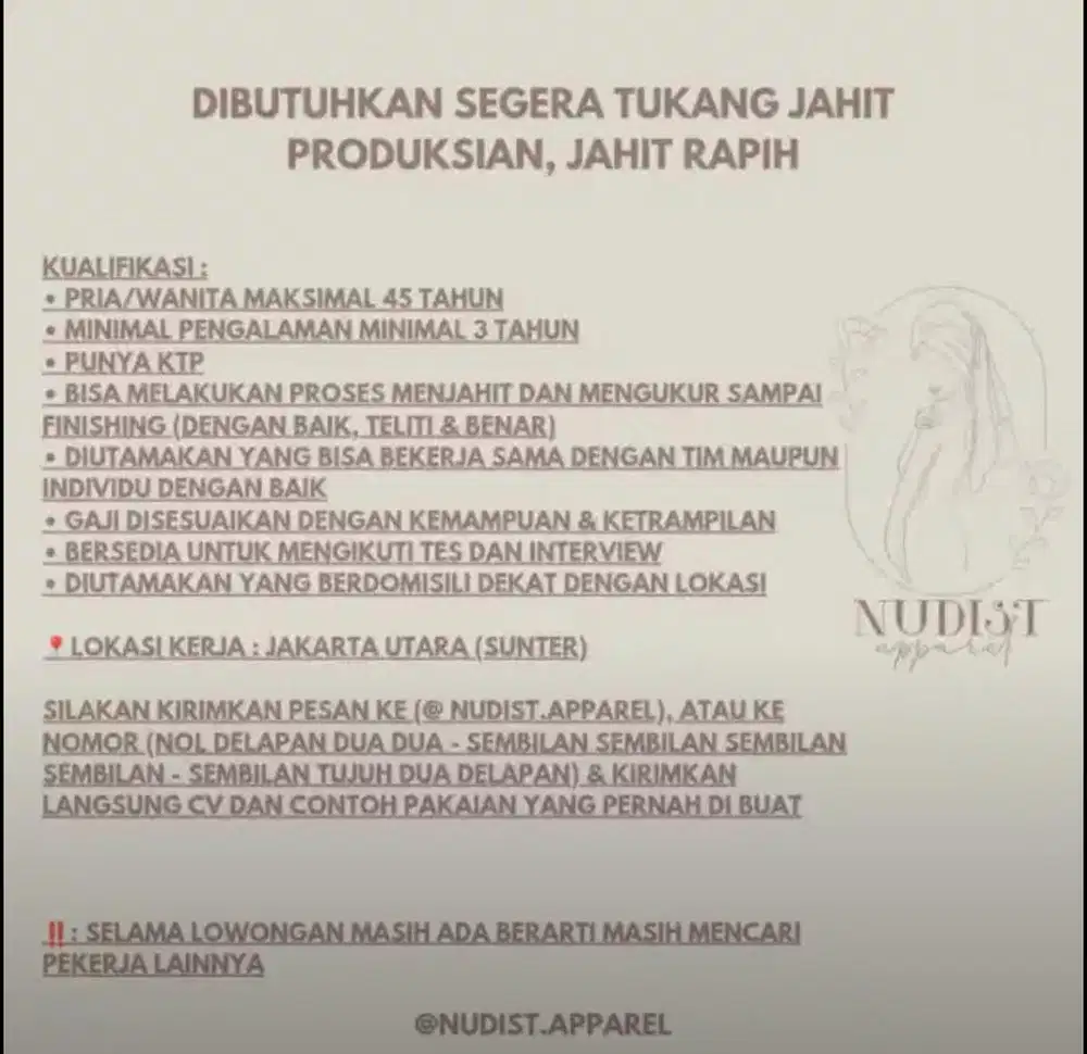 DIBUTUHKAN TUKANG JAHIT PRODUKSIAN