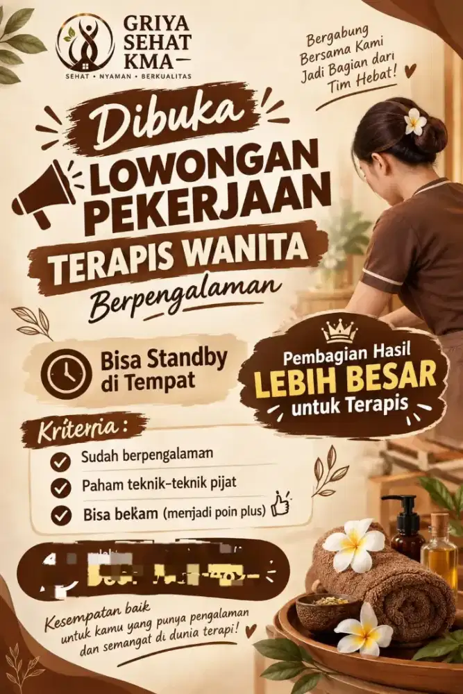 Dibutuhkan segera karyawan terapis wanita