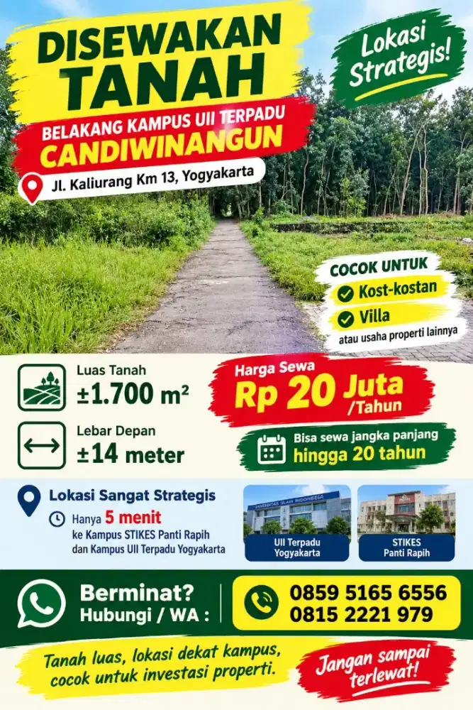 Disewakan tanah belakang kampus UII dan STIKES pantirapih jl Kaliurang