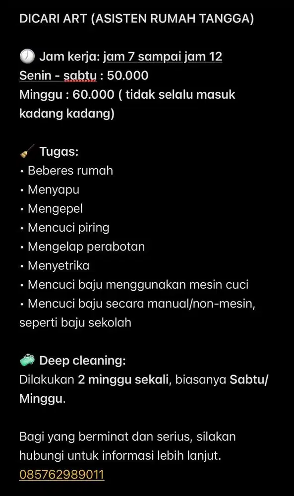 ART PP jam kerja jam 7-12