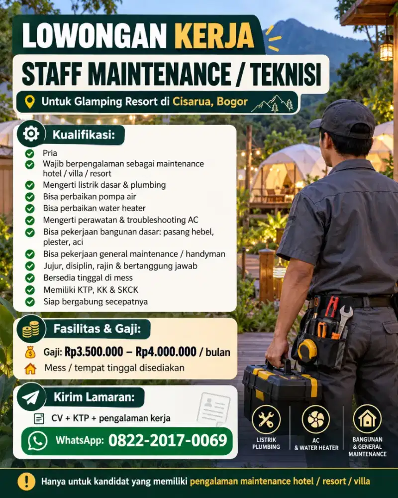 LOWONGAN KERJA – STAFF MAINTENANCE / TEKNISI