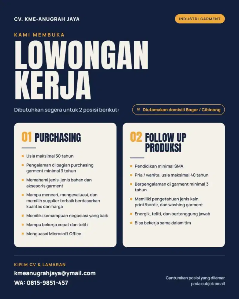 Dibutuhkan Staff Purchasing & Follow up Produksi