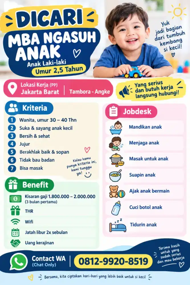 Dicari mbak Pengasuh / Jaga Anak 2,5 tahun. Daerah Jakarta Barat