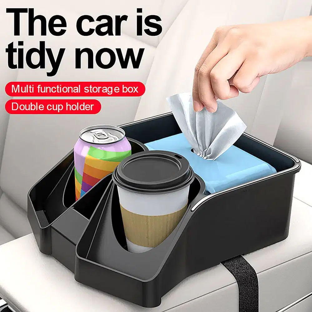 260901I Car Console Storage Organizer Double Big Cup Tissue Holder Cha