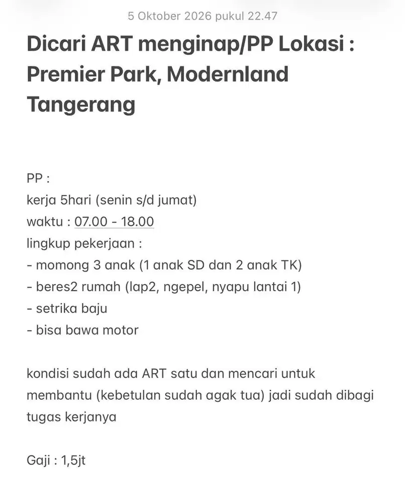 Dicari ART menginap/PP Lokasi : Premier Park, Modernland Tangerang