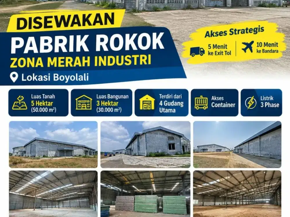 Disewakan Ex Pabrik Roko Industri Lokasi Boyolali Luas 5 Ha