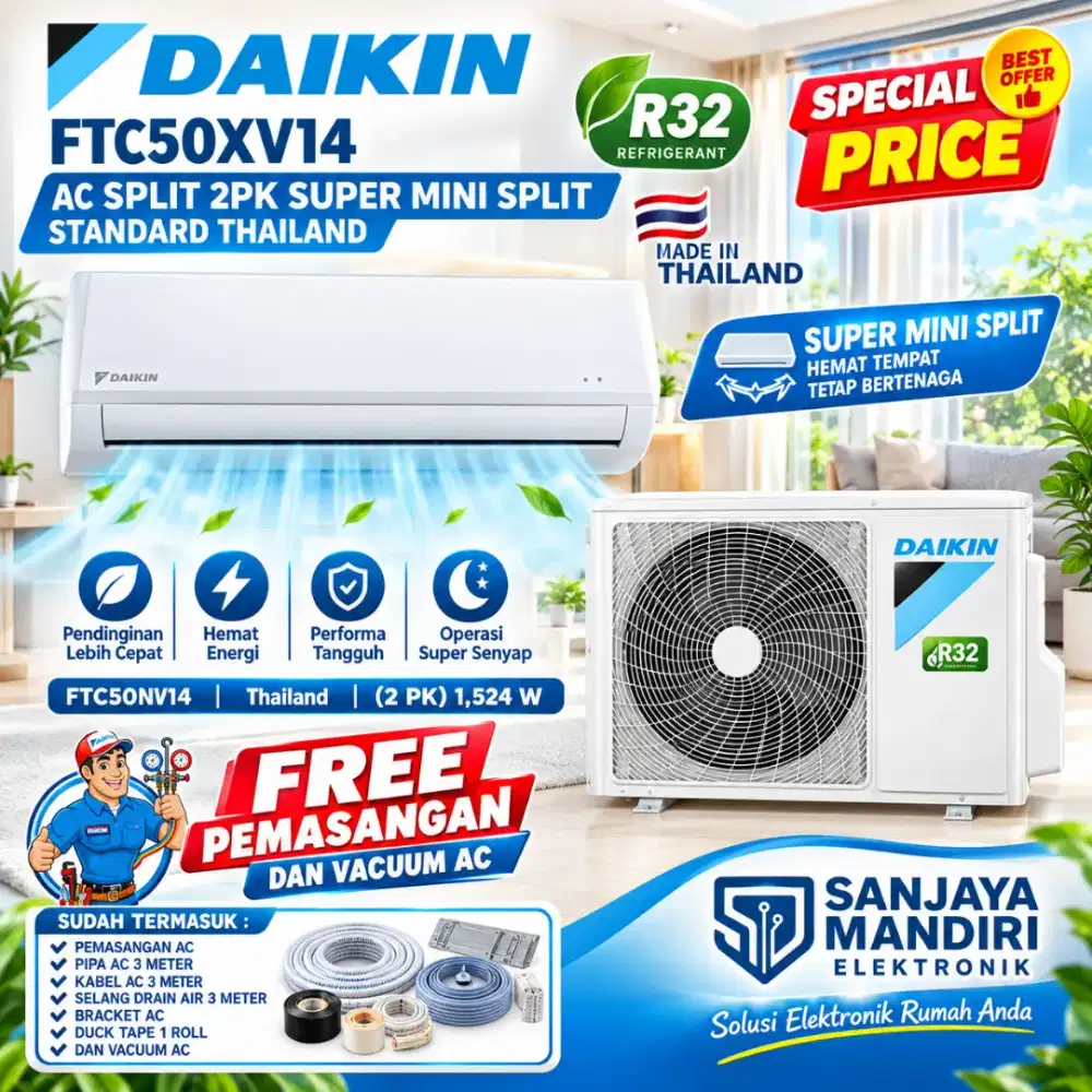 FREE PASANG ! AC DAIKIN THAILAND STANDAR 2 PK  R32 SMARTCLEANFTC50XV14