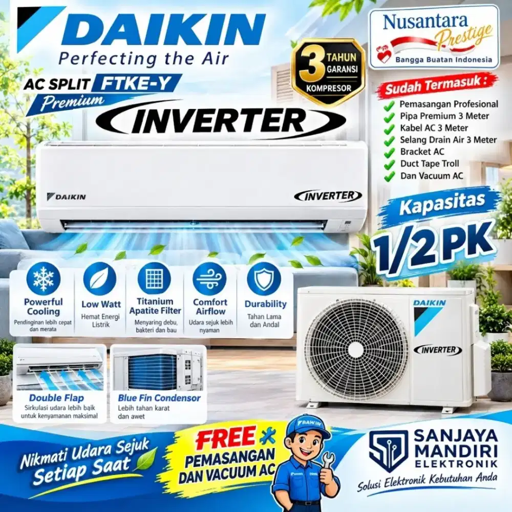 FREE PASANG! AC DAIKIN Nusantara INVERTER 1/2 PK FTKE 15YV14 GIN-ION