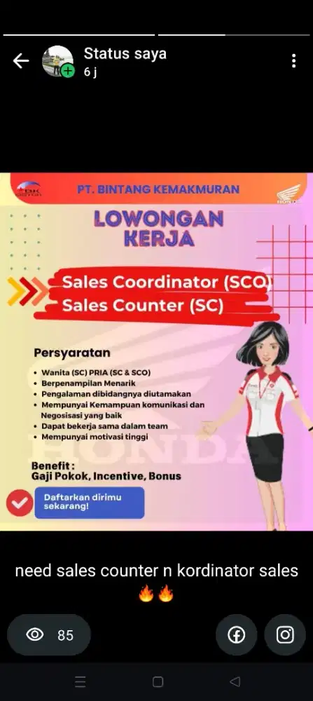 dibutuhkan Kordinator Sales dan Sales Counter
