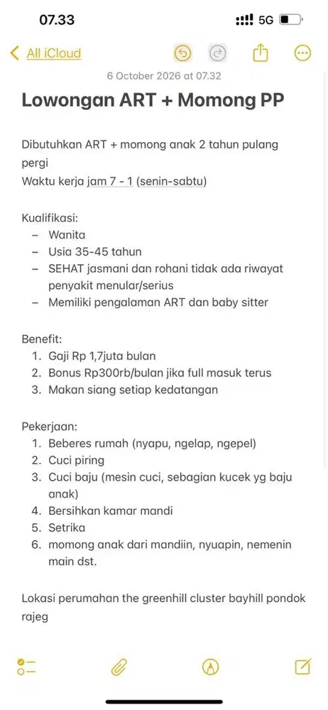 Dibutuhkan ART + Momong PP Gaji Rp1.7 plus