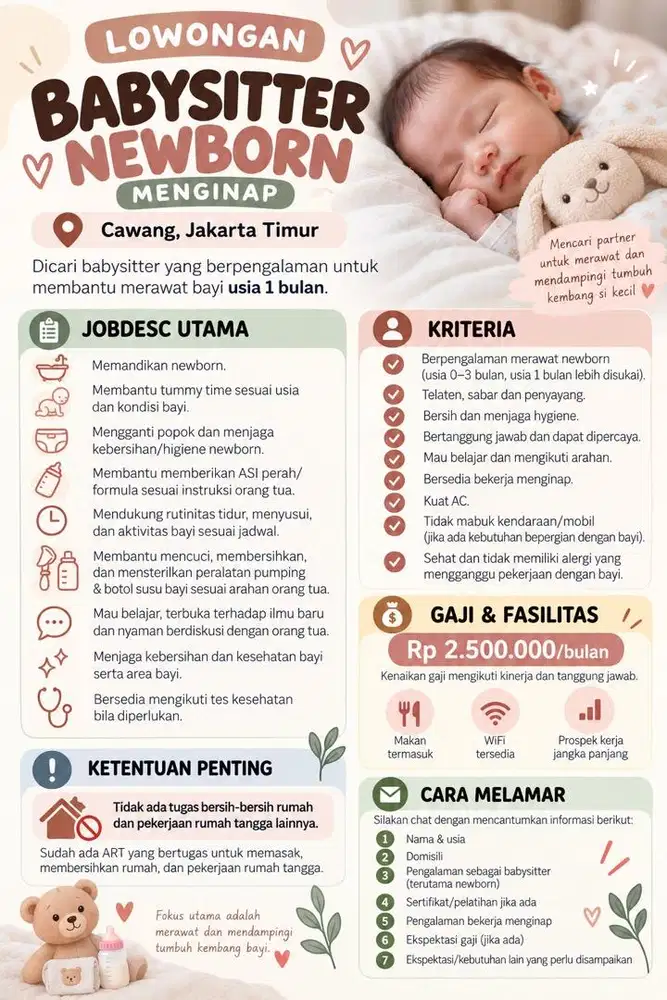 Dicari Babysitter Newborn 1 Bulan – Menginap | Cawang Jaksel