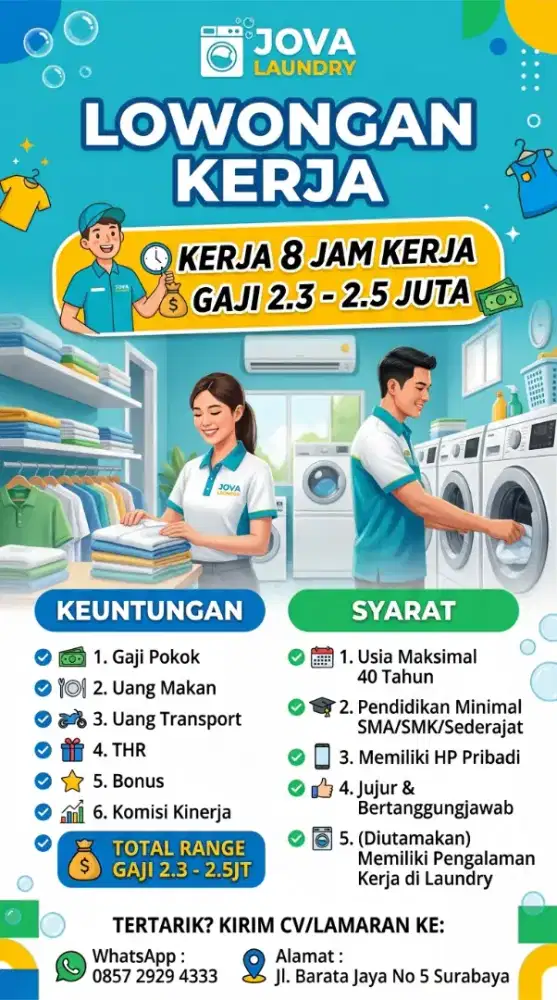 Dibutuhkan Karyawati Laundry Berpengalaman