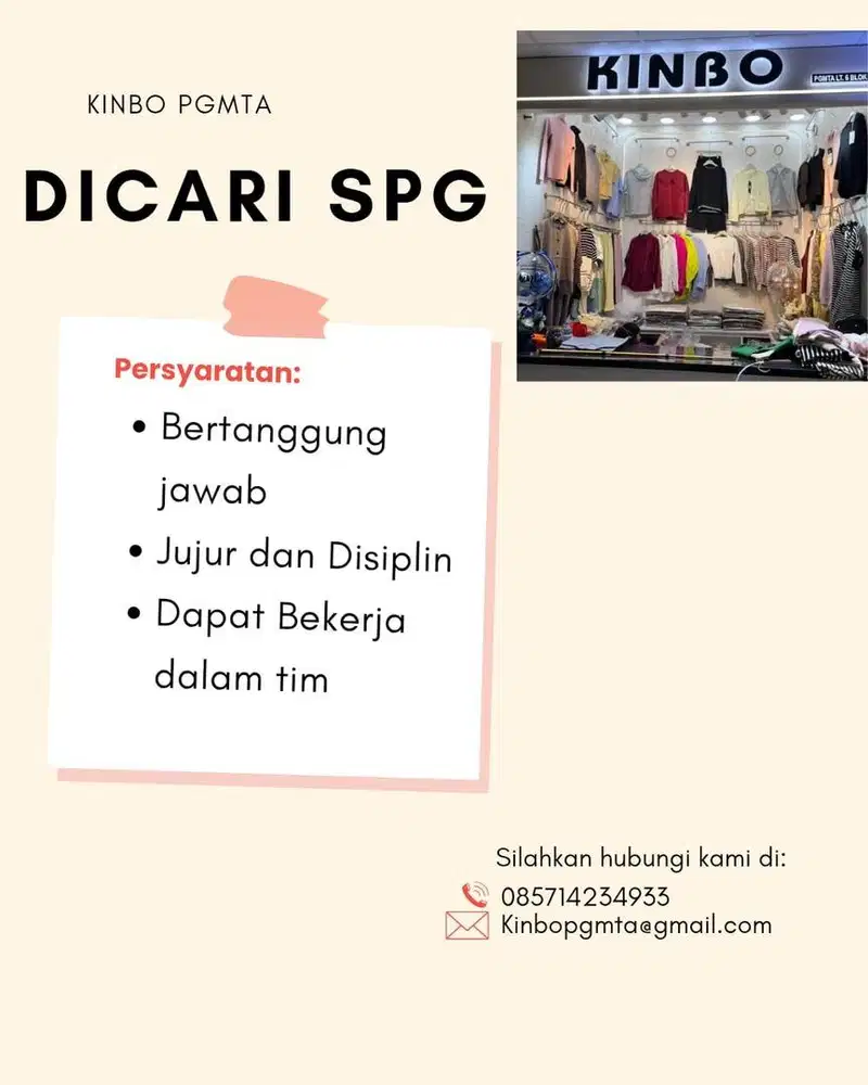 Dicari SPG Toko Grosir gaji 2.500.000 - 3.500.000