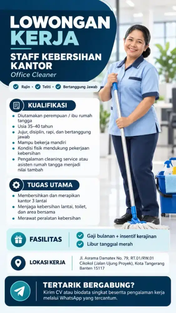 Dibuka lowongan kerja untuk perempuan staff kebersihan