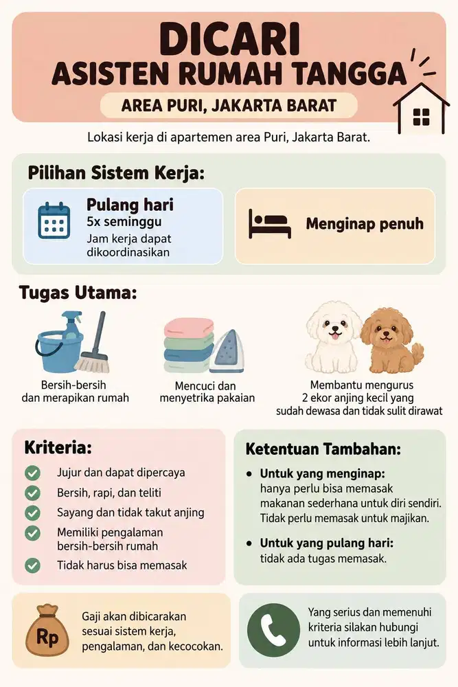 DICARI ASISTEN RUMAH TANGGA – AREA PURI, JAKARTA BARAT