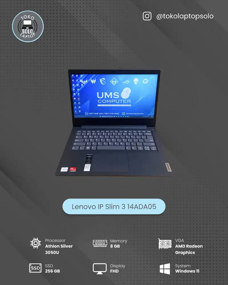 LENOVO IP Slim 3 AMD Athlon Silver 3050U RAM 8GB SSD 256GB FHD