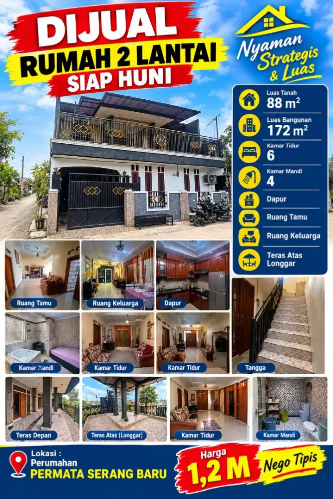 DIJUAL RUMAH DUA LANTAI, LT 88 M2
LB 172 M2, 1.2 M, SIAP HUNI