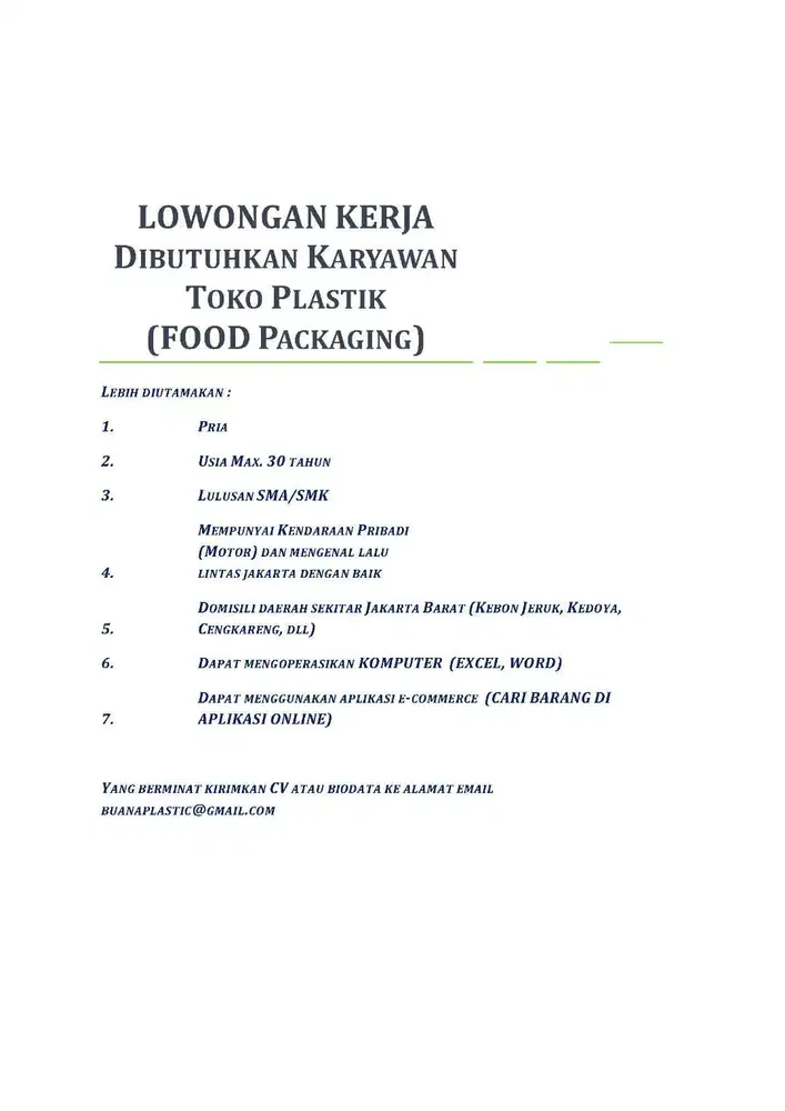 Dibutuhkan Karyawan Toko Plastic (Food Packaging)