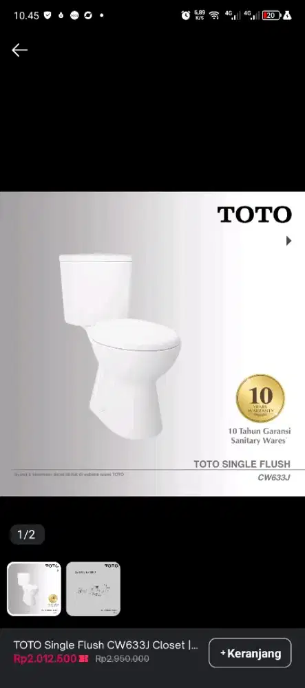 Toto kloset CW633J single flush