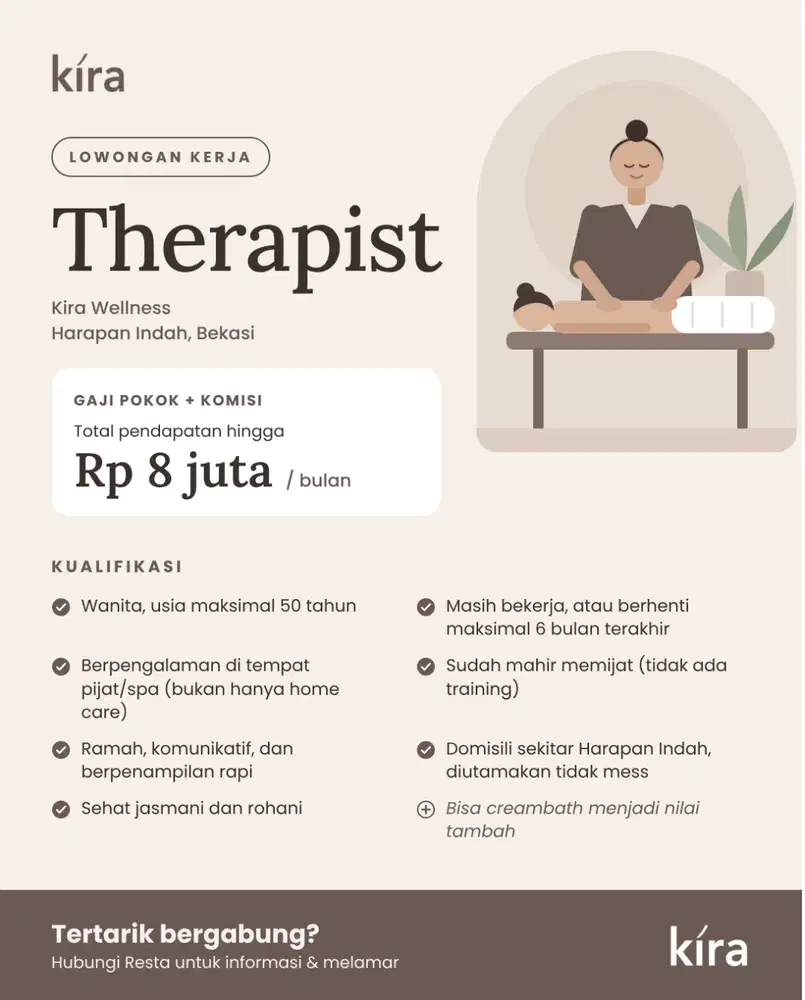 Dicari Therapist Wanita Pijat Berpengalaman - Lowongan Spa Keluarga