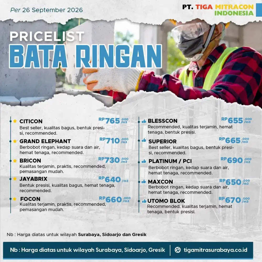 Pricelist Terbaru Bata Ringan | Panel Lantai | Semen Mortar