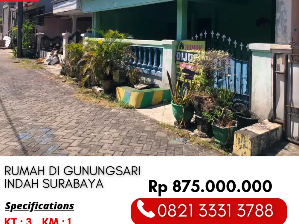 Rumah Jual Murah Dibawah Harga Pasar 800 Juta di Gunungsari Indah Wiyung Surabaya