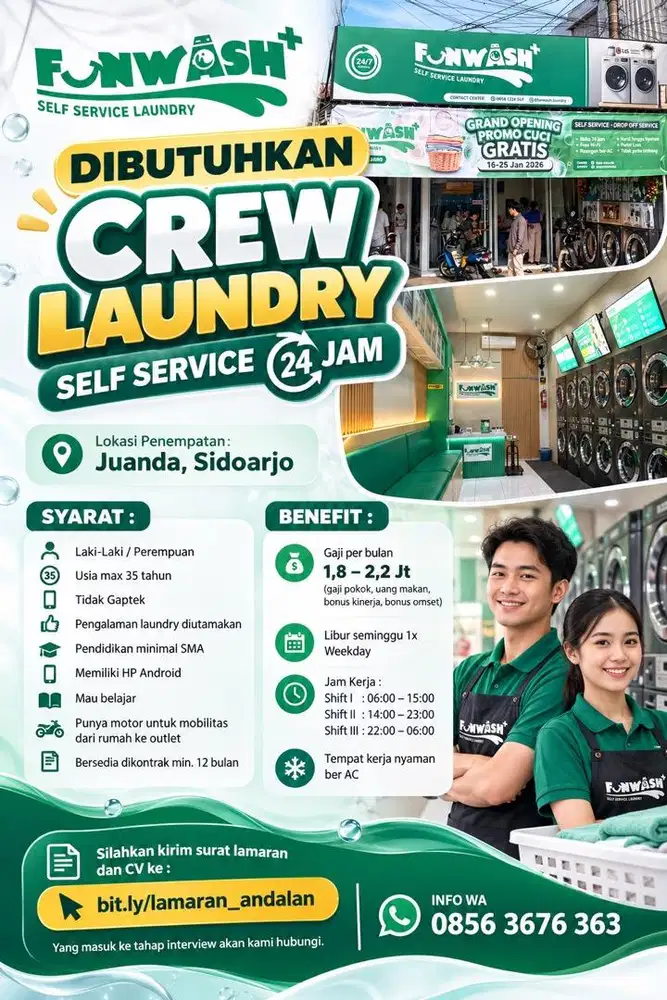 DIBUTUHKAN CREW LAUNDRY SELF SERVICE 24 JAM