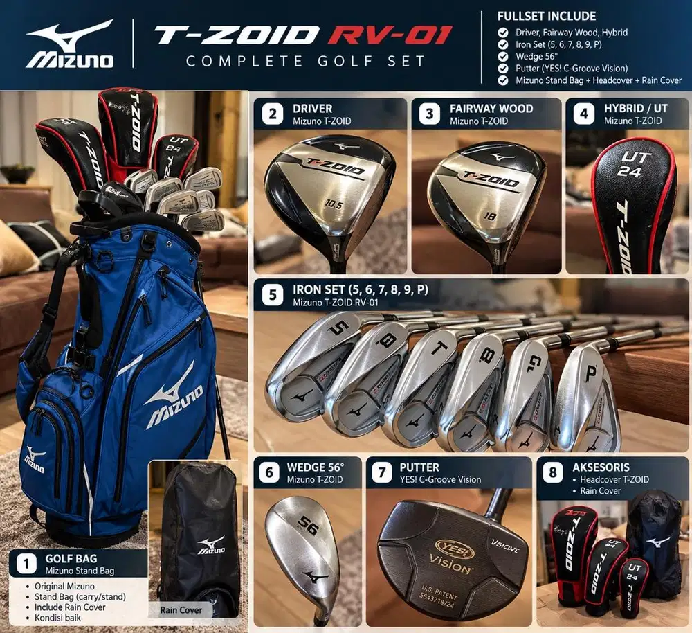 Mizuno T-ZOID RV-01 Full Set Golf + Mizuno Bag + Putter