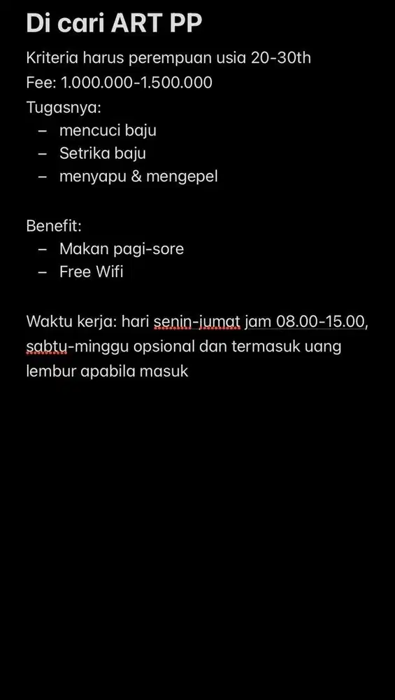 Di cari ART PP (Pulang Pergi)