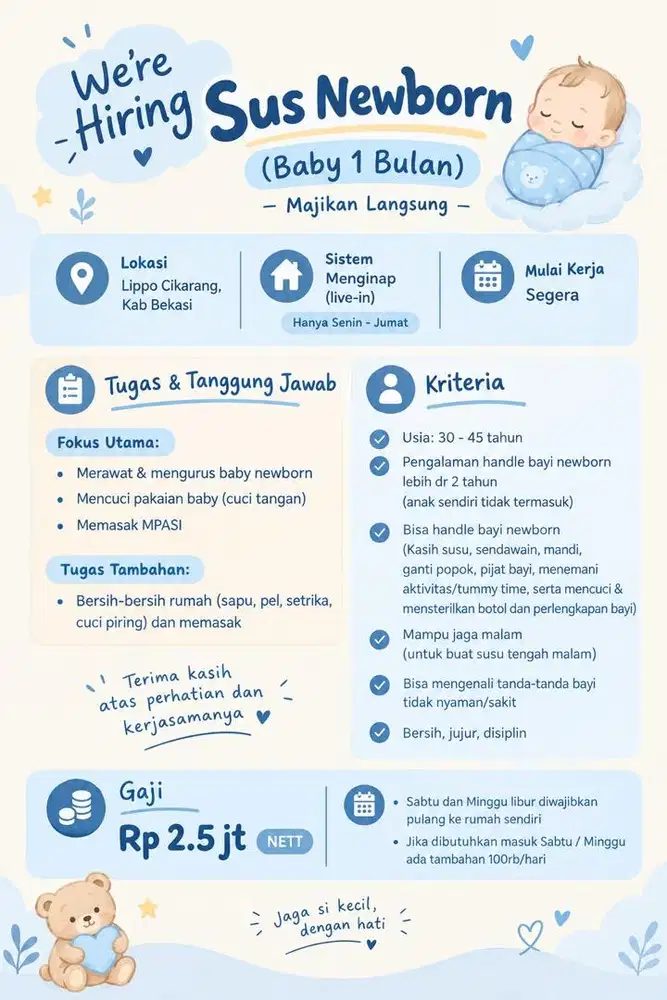 dibutuhkan baby sitter bayi 1 bulan